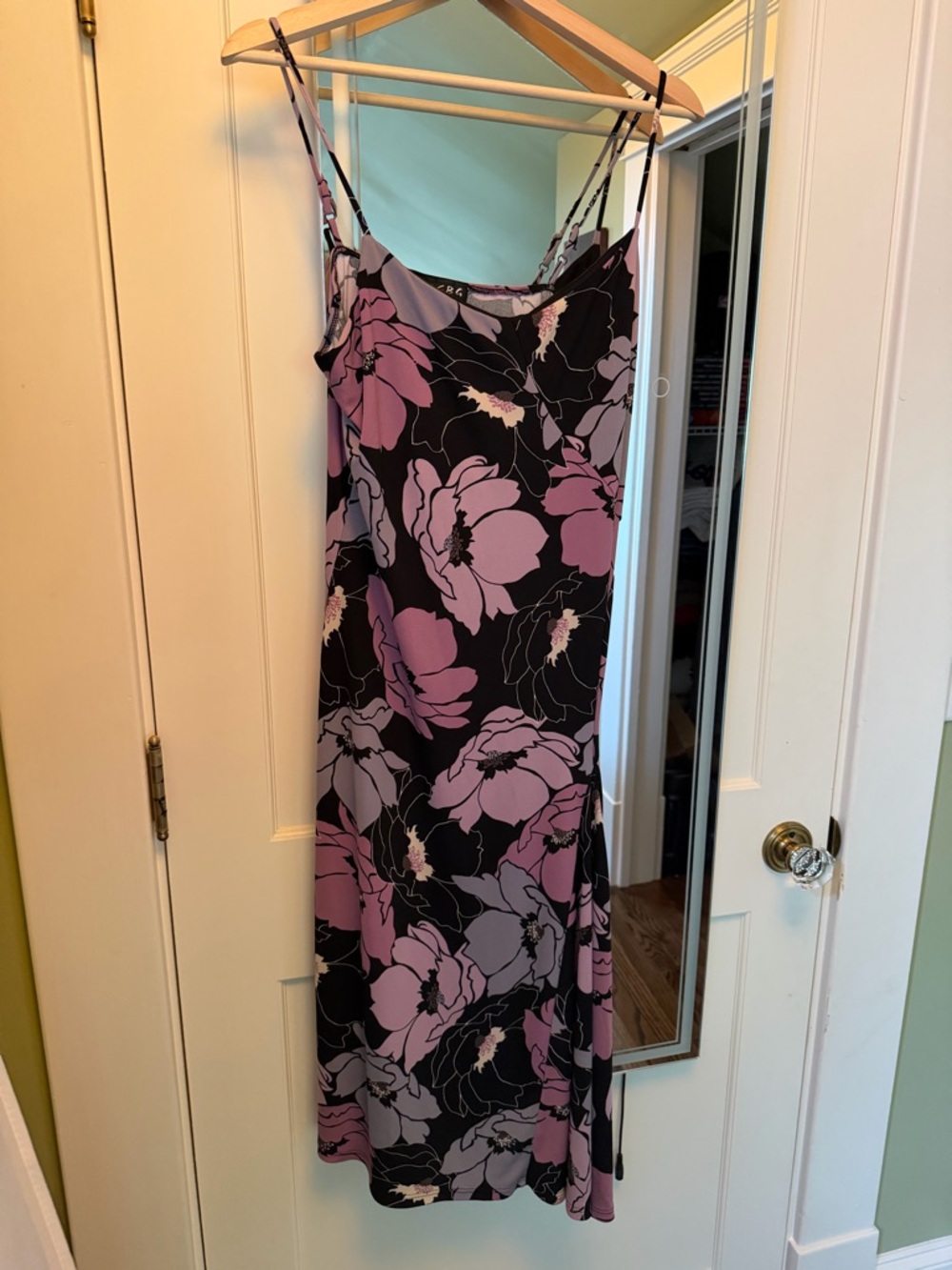 BCBG Paris Vintage Black Slip Midi Dress with Purple Floral Print